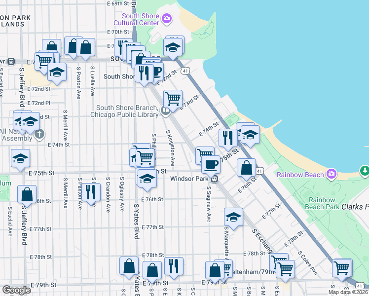 map of restaurants, bars, coffee shops, grocery stores, and more near 7415 South Colfax Avenue in Chicago