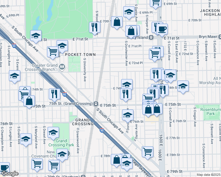 map of restaurants, bars, coffee shops, grocery stores, and more near South Kimbark Avenue & East 74th Street in Chicago