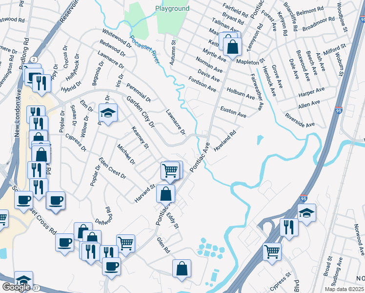 map of restaurants, bars, coffee shops, grocery stores, and more near 377 Garden City Drive in Cranston