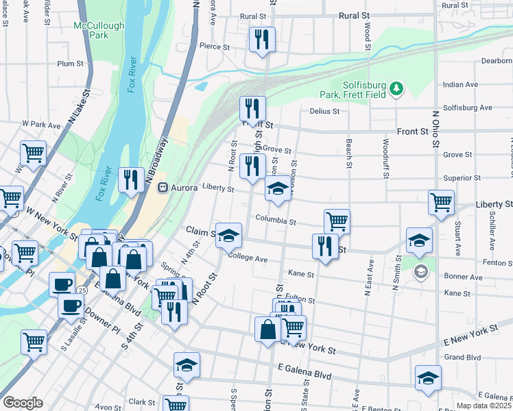 map of restaurants, bars, coffee shops, grocery stores, and more near 250 Jefferson Street in Aurora