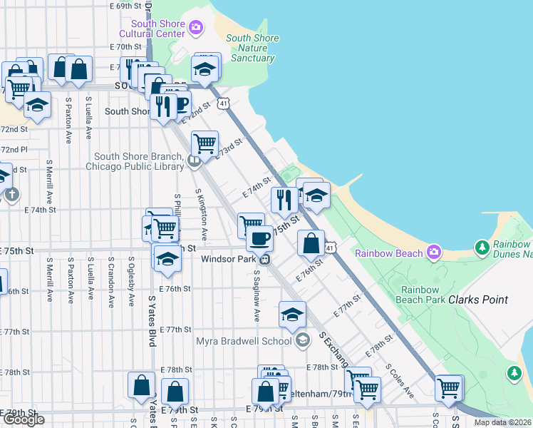 map of restaurants, bars, coffee shops, grocery stores, and more near 2640 East 74th Place in Chicago