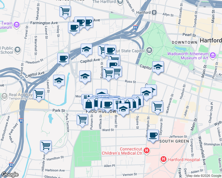 map of restaurants, bars, coffee shops, grocery stores, and more near 137 Lawrence Street in Hartford