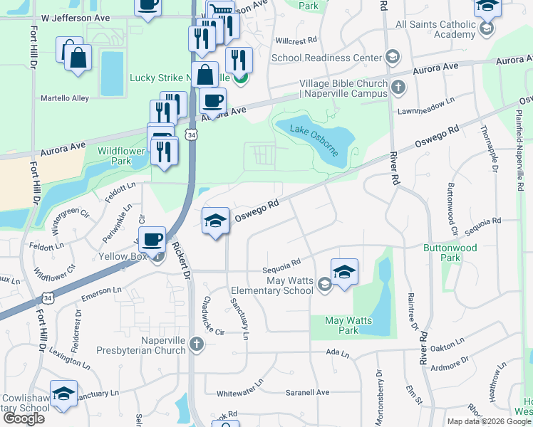 map of restaurants, bars, coffee shops, grocery stores, and more near 1421 Ambleside Circle in Naperville
