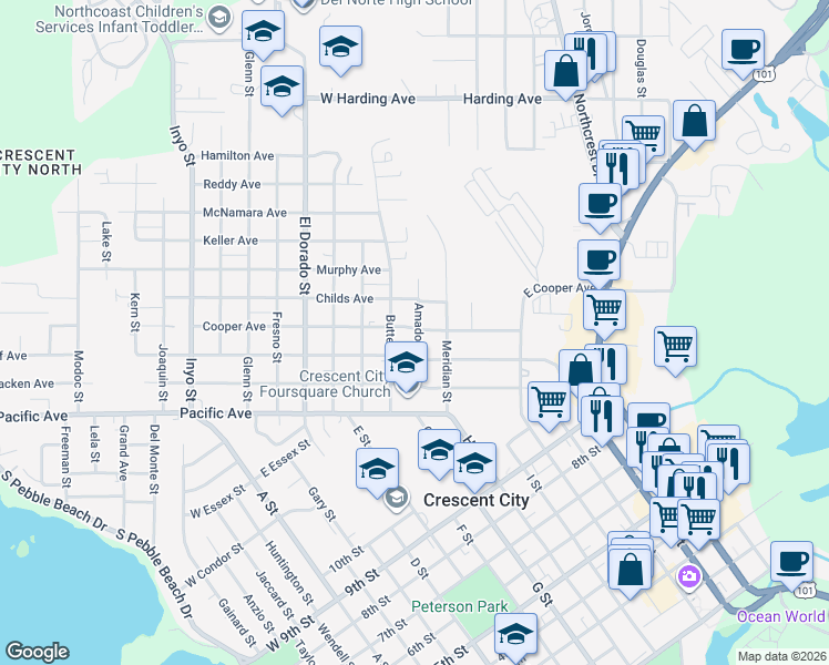 map of restaurants, bars, coffee shops, grocery stores, and more near 100-198 Lauff Avenue in Crescent City