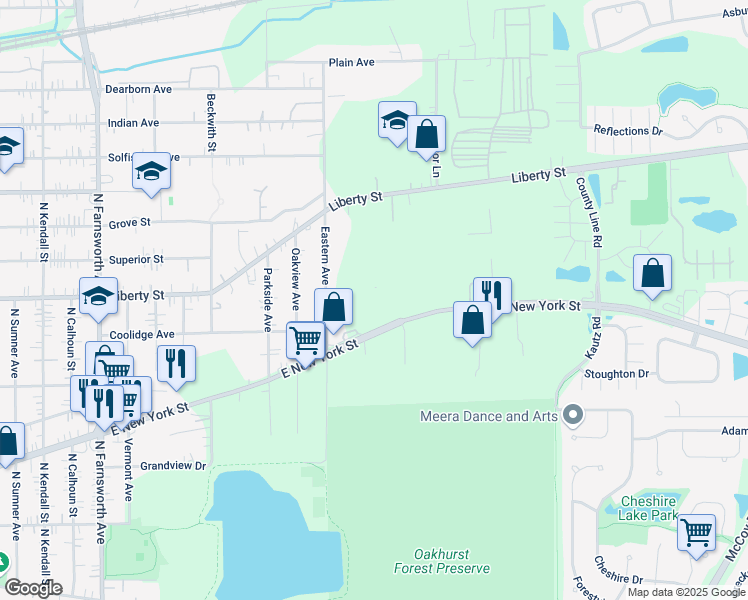 map of restaurants, bars, coffee shops, grocery stores, and more near 1920 East New York Street in Aurora