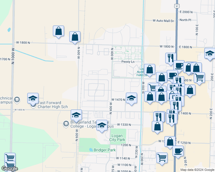 map of restaurants, bars, coffee shops, grocery stores, and more near 1520 North 450 West in Logan