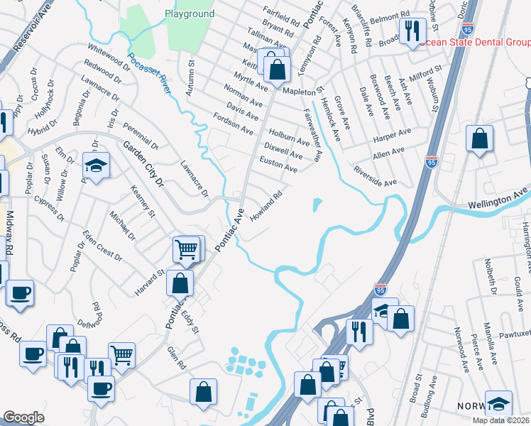 map of restaurants, bars, coffee shops, grocery stores, and more near 23 Howland Road in Cranston