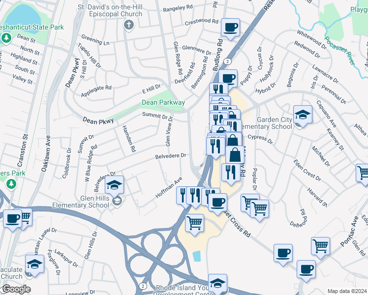 map of restaurants, bars, coffee shops, grocery stores, and more near 201 Hoffman Avenue in Cranston
