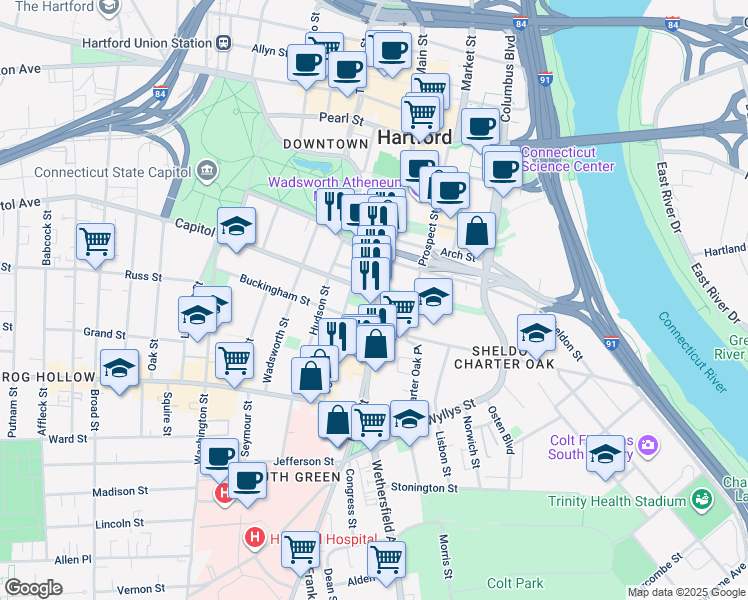 map of restaurants, bars, coffee shops, grocery stores, and more near 326 Main Street in East Hartford