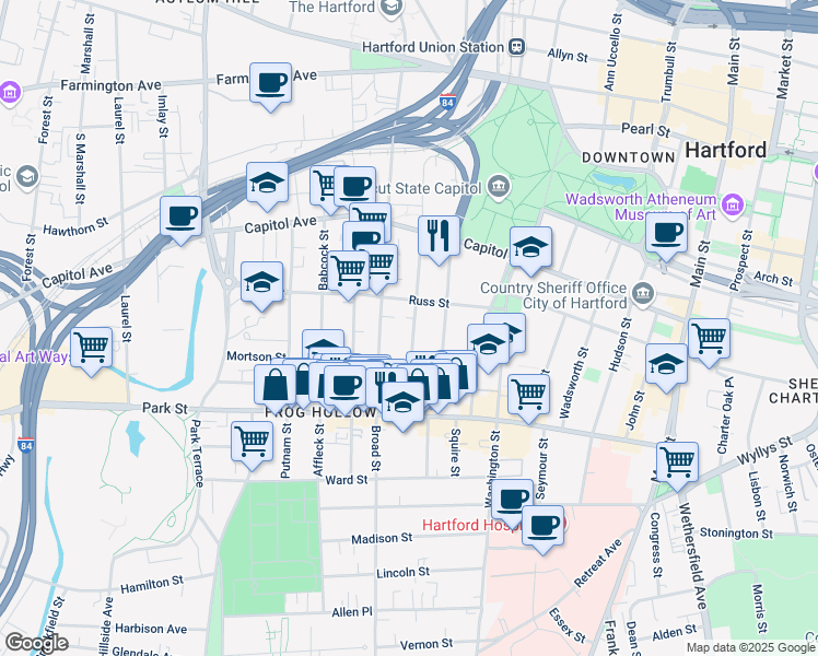 map of restaurants, bars, coffee shops, grocery stores, and more near 124 Hungerford Street in Hartford