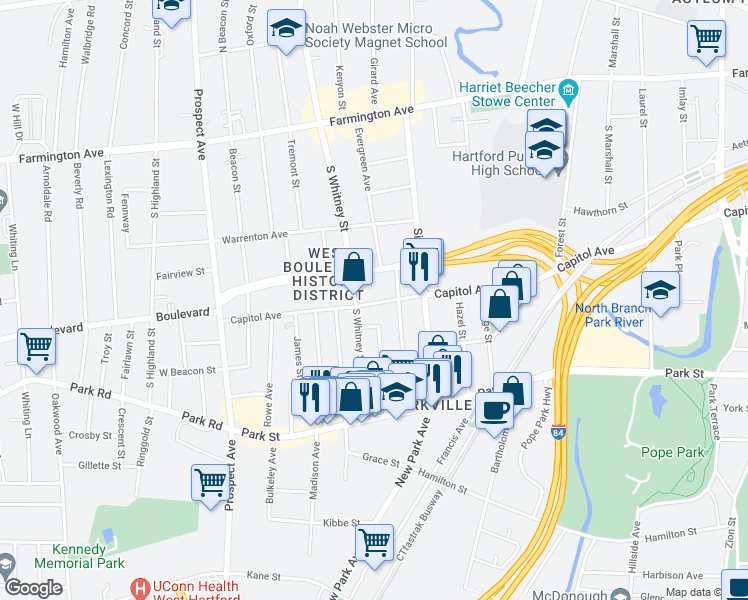 map of restaurants, bars, coffee shops, grocery stores, and more near 81 Newton Street in Hartford