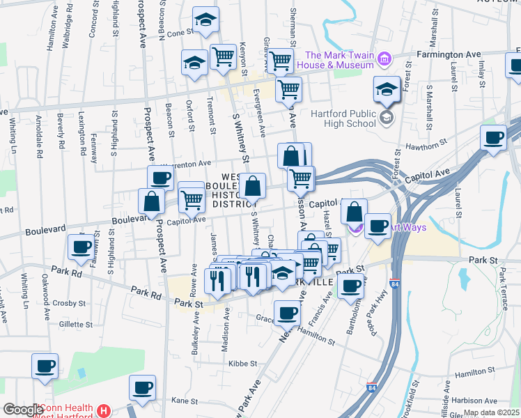 map of restaurants, bars, coffee shops, grocery stores, and more near 75 South Whitney Street in Hartford
