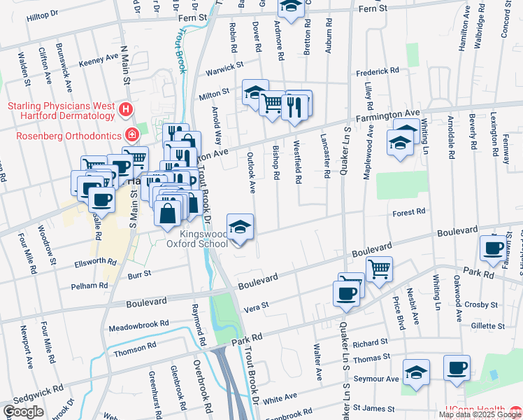 map of restaurants, bars, coffee shops, grocery stores, and more near 99 Outlook Avenue in West Hartford