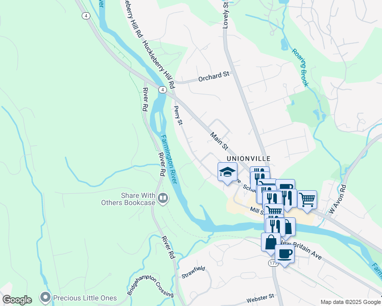 map of restaurants, bars, coffee shops, grocery stores, and more near 81 Perry Street in Farmington