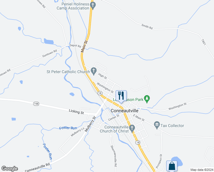 map of restaurants, bars, coffee shops, grocery stores, and more near 52959 Washington Street in Conneautville