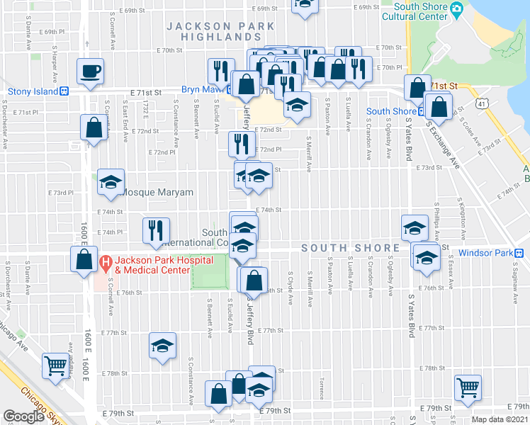 map of restaurants, bars, coffee shops, grocery stores, and more near 7425 South Chappel Avenue in Chicago