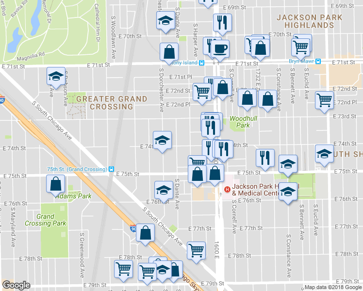 map of restaurants, bars, coffee shops, grocery stores, and more near 7415 South Dante Avenue in Chicago