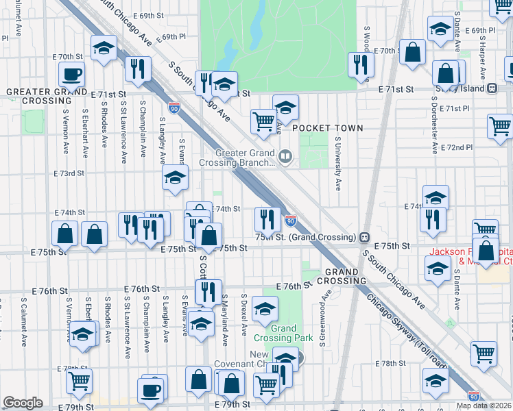 map of restaurants, bars, coffee shops, grocery stores, and more near 7411 South Ingleside Avenue in Chicago