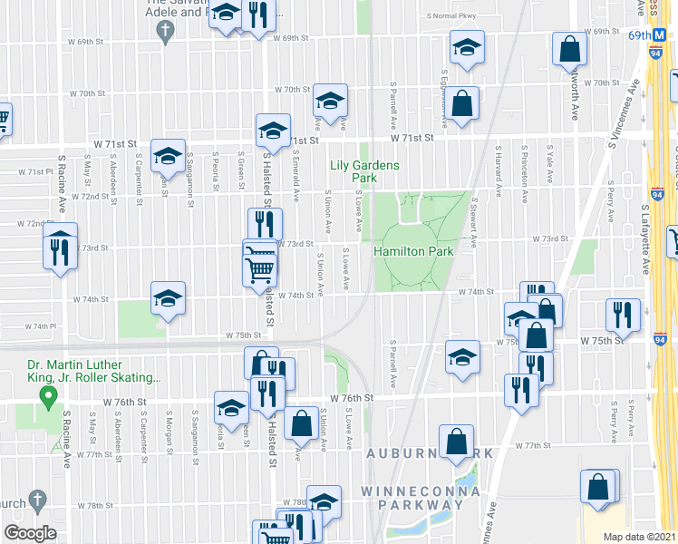 map of restaurants, bars, coffee shops, grocery stores, and more near 7355 South Lowe Avenue in Chicago