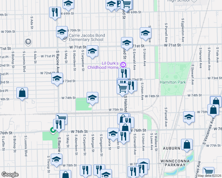 map of restaurants, bars, coffee shops, grocery stores, and more near 7351 South Peoria Street in Chicago