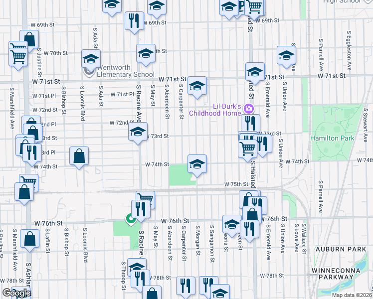 map of restaurants, bars, coffee shops, grocery stores, and more near 7350 South Morgan Street in Chicago