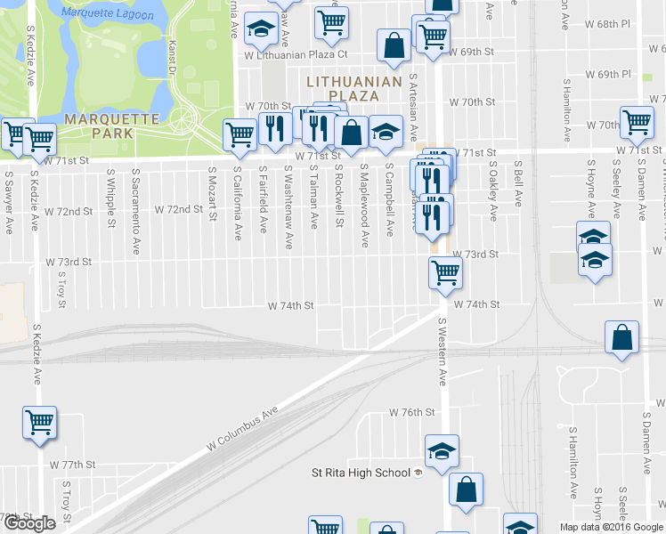 map of restaurants, bars, coffee shops, grocery stores, and more near 7332 South Rockwell Street in Chicago
