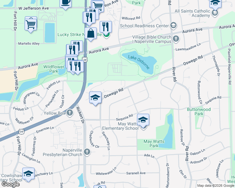 map of restaurants, bars, coffee shops, grocery stores, and more near 1421 Ambleside Circle in Naperville