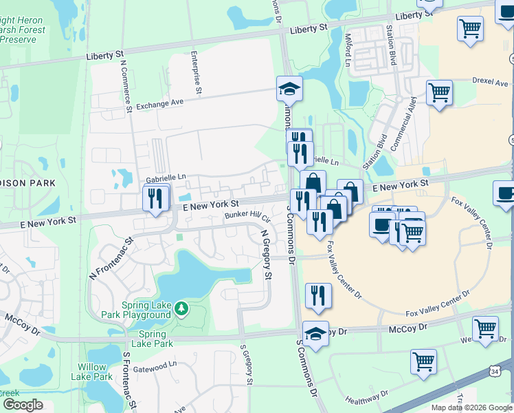 map of restaurants, bars, coffee shops, grocery stores, and more near 363 North Gregory Street in Aurora