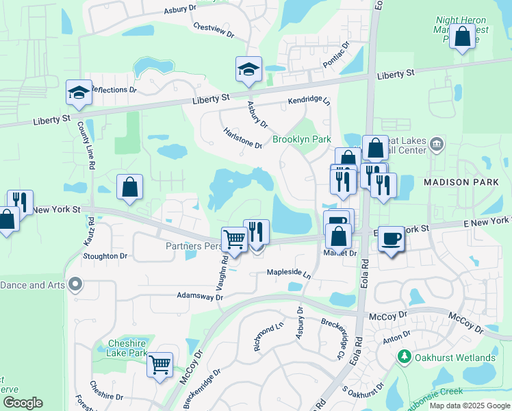 map of restaurants, bars, coffee shops, grocery stores, and more near 446 Vaughn Circle in Aurora