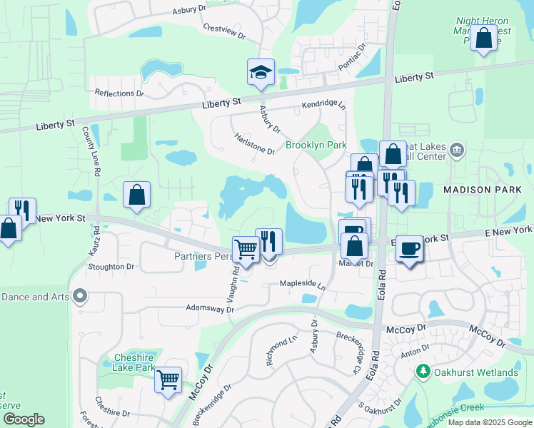map of restaurants, bars, coffee shops, grocery stores, and more near 446 Vaughn Circle in Aurora