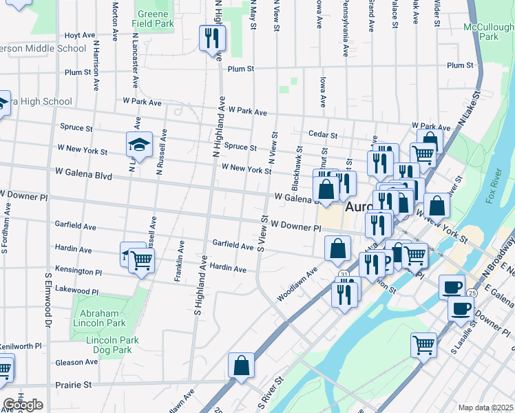 map of restaurants, bars, coffee shops, grocery stores, and more near 523 West Downer Place in Aurora