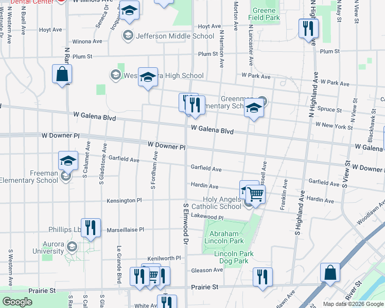 map of restaurants, bars, coffee shops, grocery stores, and more near 935 Garfield Avenue in Aurora