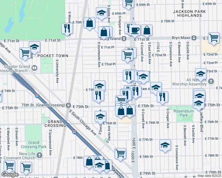 map of restaurants, bars, coffee shops, grocery stores, and more near 7415 South Dante Avenue in Chicago