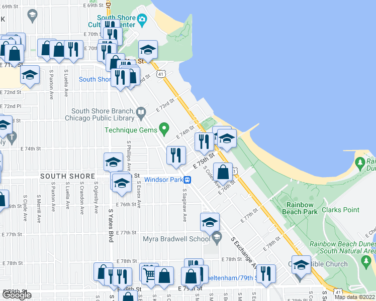 map of restaurants, bars, coffee shops, grocery stores, and more near 2634 East 74th Place in Chicago