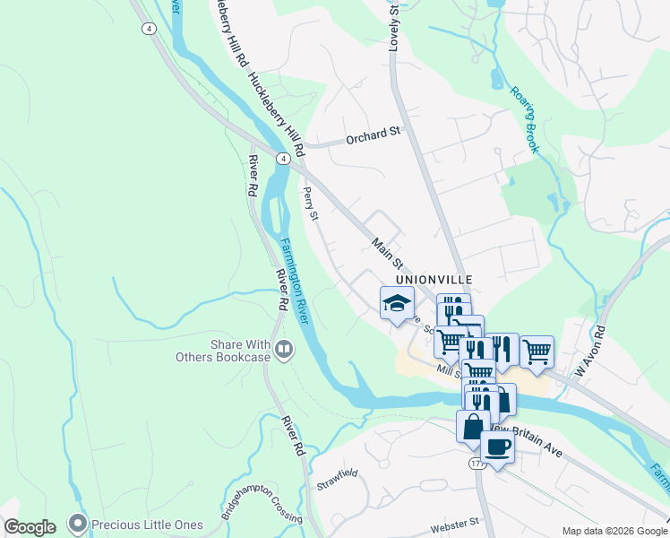 map of restaurants, bars, coffee shops, grocery stores, and more near 85 Perry Street in Farmington