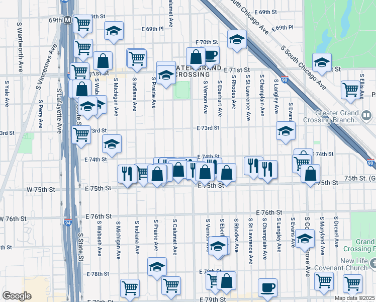 map of restaurants, bars, coffee shops, grocery stores, and more near 7348 South King Drive in Chicago