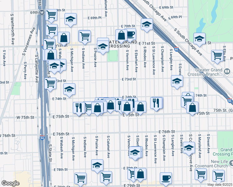 map of restaurants, bars, coffee shops, grocery stores, and more near 7407 South Doctor Martin Luther King Junior Drive in Chicago