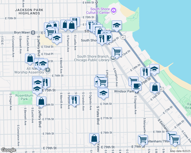 map of restaurants, bars, coffee shops, grocery stores, and more near 7427 South Oglesby Avenue in Chicago
