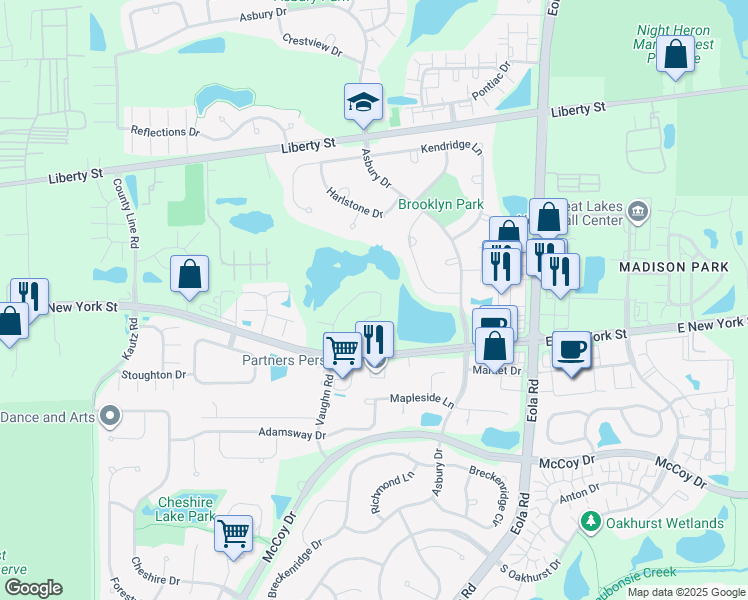 map of restaurants, bars, coffee shops, grocery stores, and more near 446 Vaughn Circle in Aurora