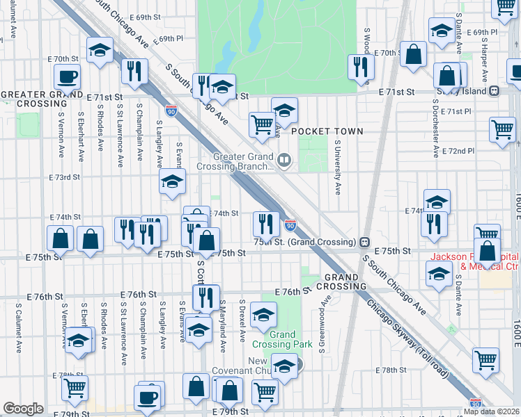 map of restaurants, bars, coffee shops, grocery stores, and more near South Ingleside Avenue in Chicago