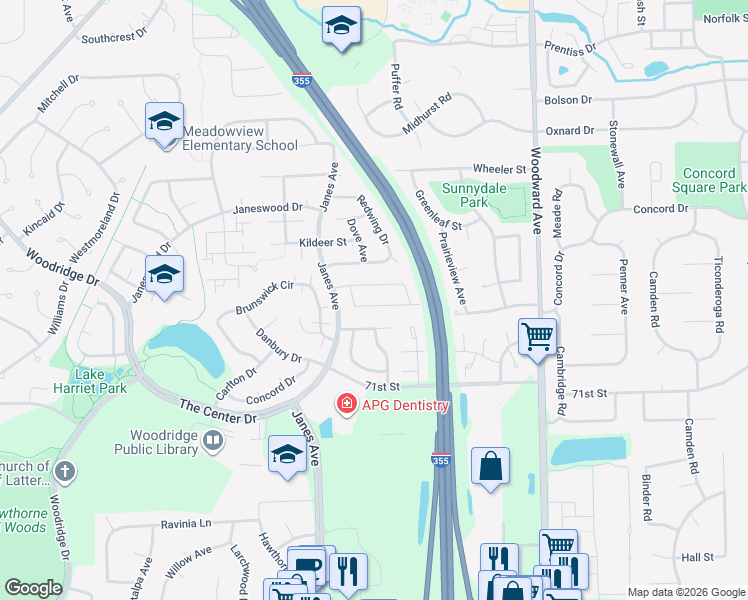 map of restaurants, bars, coffee shops, grocery stores, and more near 2346 Sunnydale Drive in Woodridge