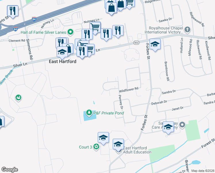 map of restaurants, bars, coffee shops, grocery stores, and more near 162 Wakefield Circle in East Hartford