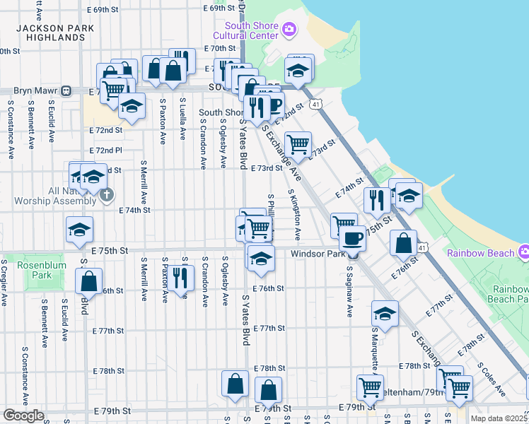map of restaurants, bars, coffee shops, grocery stores, and more near 7432 South Phillips Avenue in Chicago