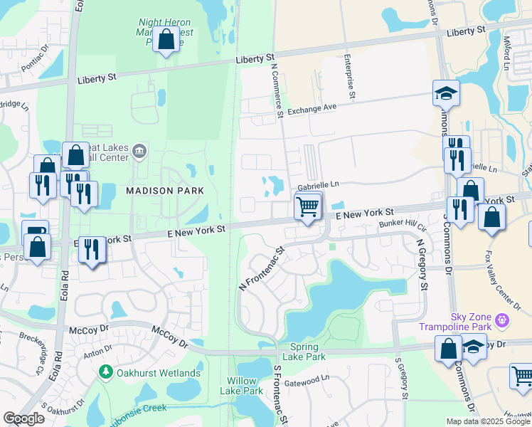 map of restaurants, bars, coffee shops, grocery stores, and more near 210 North Commerce Street in Aurora
