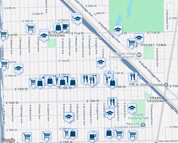 map of restaurants, bars, coffee shops, grocery stores, and more near 7407 South Champlain Avenue in Chicago