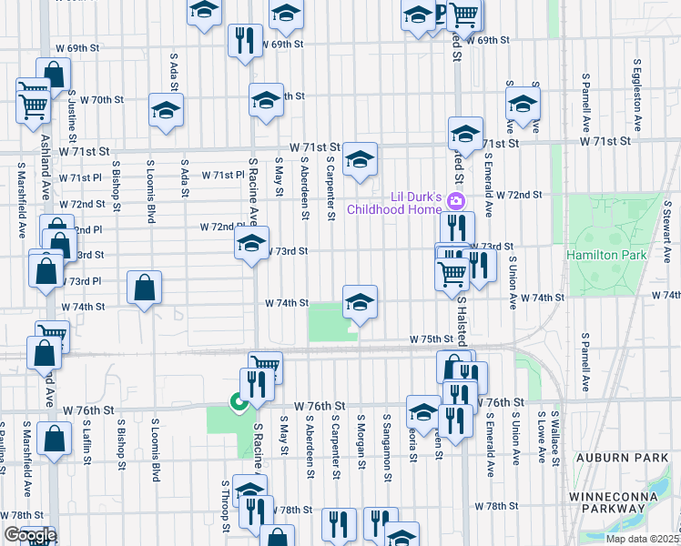 map of restaurants, bars, coffee shops, grocery stores, and more near 7350 South Morgan Street in Chicago