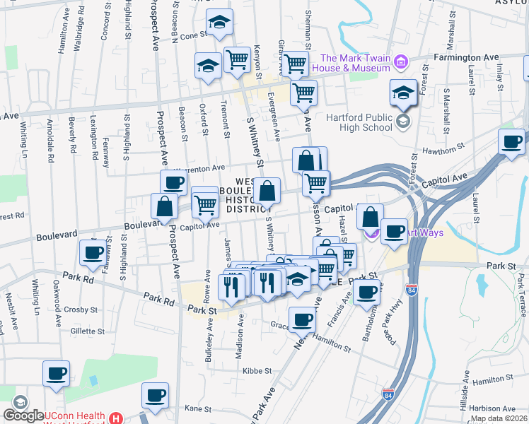 map of restaurants, bars, coffee shops, grocery stores, and more near 990 Capitol Avenue in Hartford