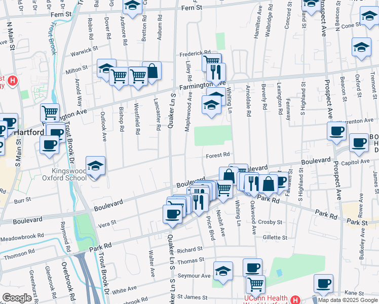 map of restaurants, bars, coffee shops, grocery stores, and more near 120 Maplewood Avenue in West Hartford