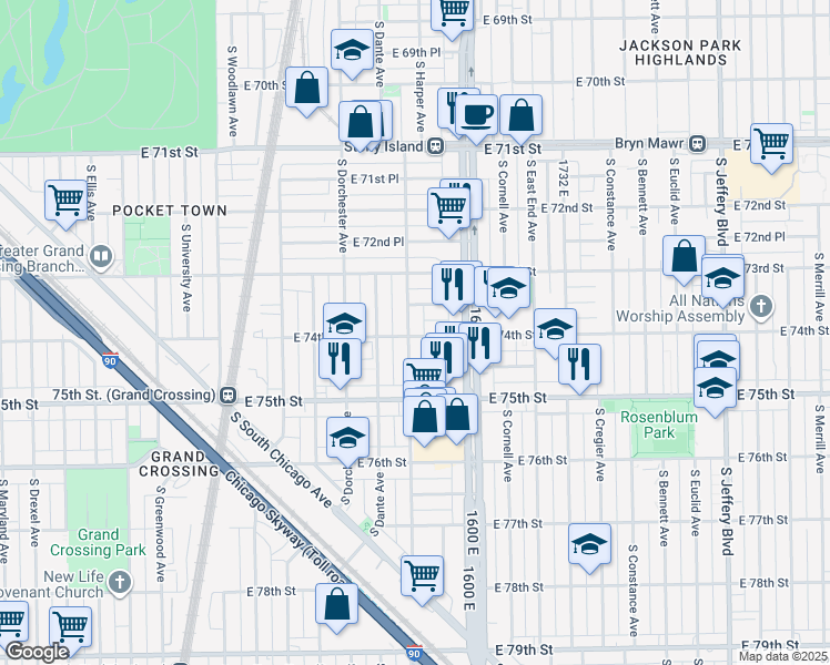 map of restaurants, bars, coffee shops, grocery stores, and more near 1504 East 74th Street in Chicago