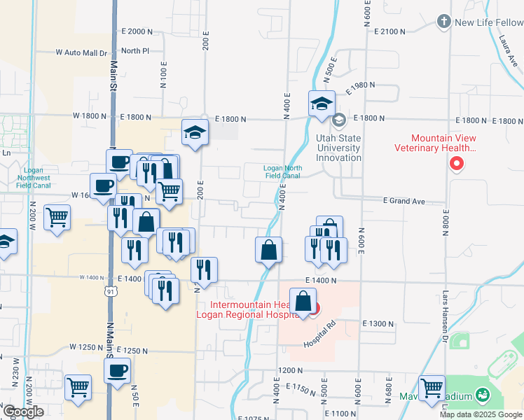 map of restaurants, bars, coffee shops, grocery stores, and more near 395 East 1530 North in Logan